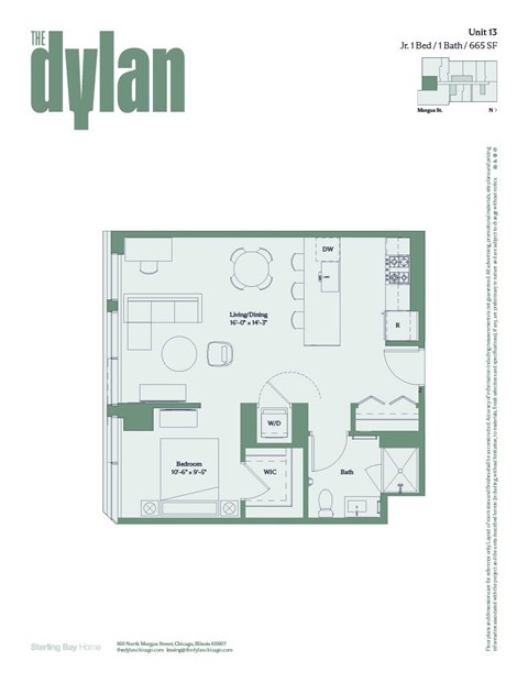 Floor plan for 1 bed, 1 bath, 665 sqft